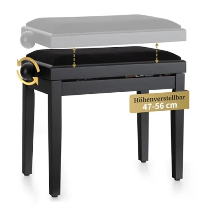 Abbildung von Classic Cantabile Pianobank Schwarz matt Höhenverstellbar von 47 56cm Klavierhocker mit Spindelmechanik Klavierbank Sitzfläche 55 x 32cm Schwarzer Klavierstuhl Velourbezug, stabil