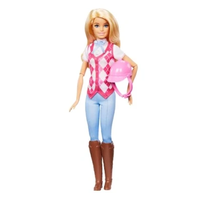 Abbildung von Barbie Puppe Malibu“ und Zubehör von Mysteries: Das geheimnisvolle Pferdeabenteuer“, inklusive Modepuppe, abnehmbarem Reitoutfit Helm, HXJ38