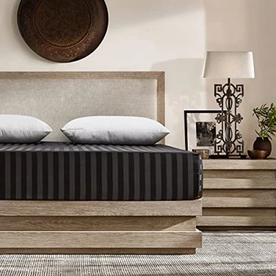 Abbildung von Damier Satin Spannbettlaken 180x200cm Schwarz Seide Glänzend Bettlaken Hochwertiges Streifen Spannbetttuch, geeignet für Matratzen bis 30cm