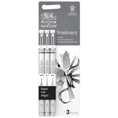 Abbildung von Winsor &amp; Newton 0290178 Fineliner Set, 3 Pigment Liner für exakte Linien und Outlines, hohe Qualität, Pigmenttinte, dokumentenecht, lichtbeständig Linenbreite, 0.05 mm, 0.1 0.3 mm schwarz