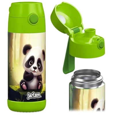 Abbildung von JARLSON® Trinkflasche Kinder &quot;MALI&quot; Thermo Edelstahl Wasserflasche BPA frei auslaufsicher Kinderflasche mit Chug Deckel Flasche für Schule, Kindergarten Panda, 350 ml