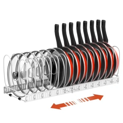 Abbildung von Housolution Pfannenhalter für Schublade, Erweiterbarer Topfdeckelhalter mit 14 Verstellbaren Teiler, Topfdeckel Aufbewahrung Pfannen Organizer Deckelhalter Küche, Weiß