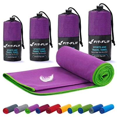 Abbildung von Fit Flip Mikrofaser Handtuch kompakt, leicht und schnelltrocknend Microfaser Handtücher als Reisehandtuch, Sporthandtuch, Strandtuch Badetuch groß (50x110cm, Lila mit Grünen Rand)