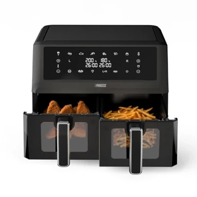 Abbildung von Princess Heißluftfritteuse mit Doppelkorb 2 Fächer 11 L BPA und PFAS frei Sync Funktion 8 Programme Sichtfenster 2400 W 182276