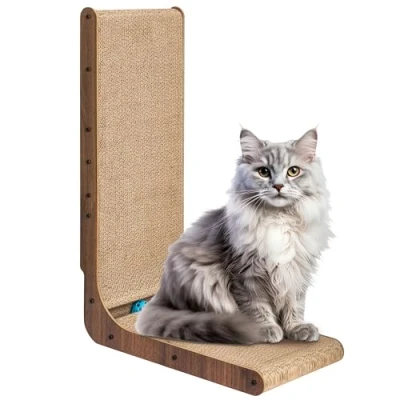 Abbildung von FluffyDream Katzenkratzer mit Katzenspielzeug Kugelbahn, eingebauter Ball, L förmiger Kratzer, Karton Lounge Bett, stabil und langlebig, Möbelschutz, reversibel