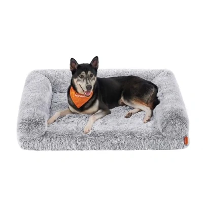 Abbildung von Feandrea FluffyHug Hundebett, Hundekissen Größe XL, Hundematte für mittelgroße und große Hunde, Hundesofa Noppenschaumstoff, Bezug abnehmbar waschbar, 106 x 80 23 cm, Ombré Grau PGW233G01