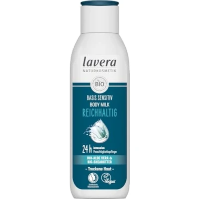 Abbildung von lavera basis sensitiv Body Milk Reichhaltig Naturkosmetik vegan Bio Aloe Vera &amp; Sheabutter 24 h intensive Feuchtigkeitspflege PETA zertifiziert Biologisch abbaubar Bodymilk 250 ml