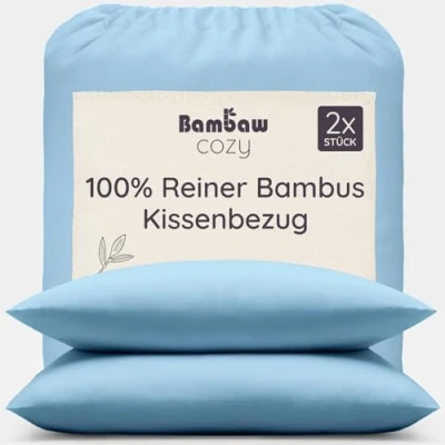 Abbildung von 2er Set Kissenbezüge Hellblau Anti Milben Kissen Bezug 50x75 cm Bambusfasern Bettwäsche Weich Allergiker Kopfkissen Kissenbezug Winter und Sommer Kühlende Bambaw
