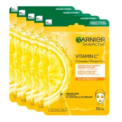 Abbildung von Garnier Feuchtigkeitsspendende Tuchmasken Für sensible Haut, Mit Hyaluronsäure und Vitamin C, strahlende Haut einen Glow Effekt, SkinActive, 5 x 1 Masken