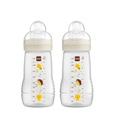 Abbildung von MAM Easy Active Trinkflasche im 2er Set (270 ml), Baby inklusive Sauger Größe 1 aus SkinSoft Silikon, Milchflasche mit ergonomischer Form, 0+ Monate, Biene/Igel