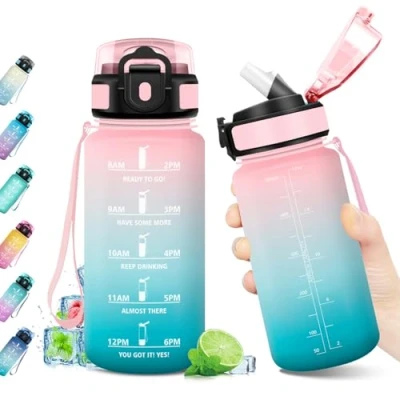 Abbildung von Trinkflasche Sport 500ml, mit Zeitmarkierung, Wasserflasche Strohhalm, Auslaufsicher, Kohlensäure Geeignet, BPA frei, für Fitness, Gym, Fahrrad, Yoga
