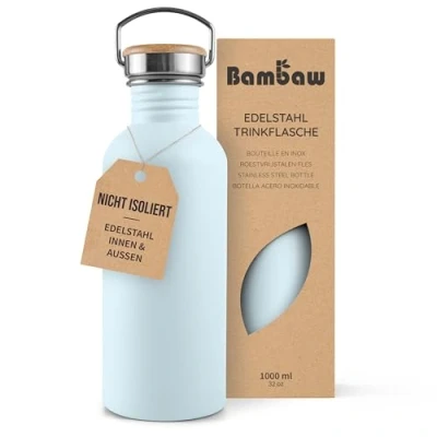 Abbildung von Bambaw Edelstahl Trinkflasche 1 Liter, Nicht isolierte Blau, 1l Spülmaschinenfest, aus Metall Eisblau