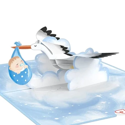 Abbildung von papercrush® Pop Up Karte Baby Geburt Junge 3D Geburtskarte oder Geldgeschenk, Glückwunsch zum Baby, Glückwunschkarte zur eines Jungen Handgemachte Geschenkkarte, Babykarte mit Storch
