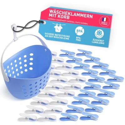 Abbildung von culiclean Wäscheklammern stabil ohne Abdruck Soft Clips mit Wäscheklammernkorb 40 Stück hellblau weiß/weiß Korb Henkel weiß statt Beutel