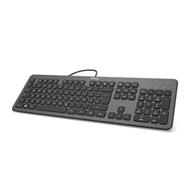 Abbildung von Hama USB Tastatur mit Kabel „KC 700“ (PC Slim, flachen Tasten, leise Scissortasten, deutsches Tastaturlayout QWERTZ, A, extra langes 180 cm) anthrazit/schwarz
