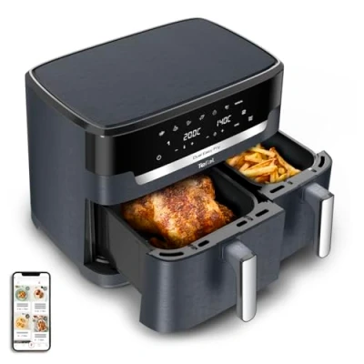 Abbildung von Tefal Dual Easy Fry XXL Doppelkammer Heißluftfritteuse, 11 Liter Fassungsvermögen, 6,5 L Schublade + 4,5 Schublade, 99% weniger Fett, 7 autom. Gareinstellungen, spülmaschinengeeignet, Grau, EY942BE0