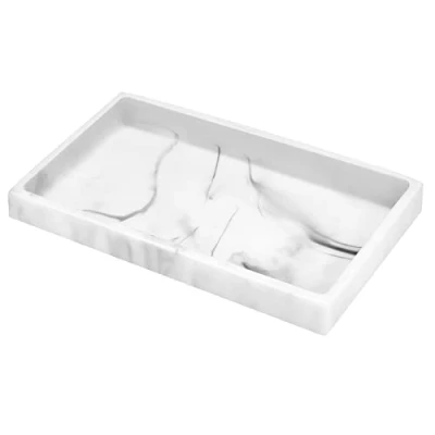 Abbildung von Luxspire Badezimmertablett, Harz Schminktisch Tablett Organizer Deko Rechteckig Schmucktablett Schmuckaufbewahrung Servierbrett Schale für Gewebe Kerzen Handtuch Kleine Kosmetisch, Marmor Weiß