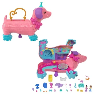 Abbildung von Polly Pocket Hündchenparty Rollschuh Geburtstagsparty, 2 Puppen, 26 Zubehörteile, DJ Pult, Rollschuhbahn, Tanzfläche, Tragegriff, für Kinder ab 4 Jahren, HKV54