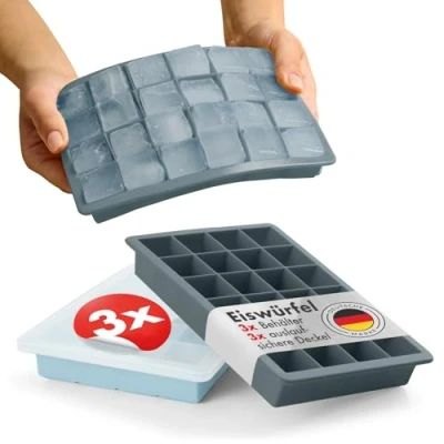Abbildung von Blumtal Eiswürfelformen Silikon 3er Set 24er Eiswürfelform mit Deckel BPA freie Ice Cube Tray lebensmittelecht Graublau + Hellblau