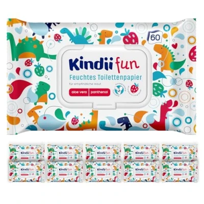 Abbildung von Kindii Fun Feucht Toilettenpapier 60 Stück spülbar für Kinder Kombination aus Feuchtpapier und Feuchttuch reinigt, erfrischt den Intimbereich Kamille Aloe vera PH neutral