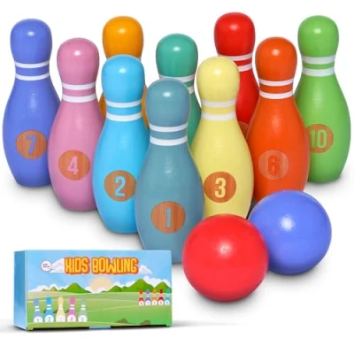 Abbildung von Pink Papaya XL Kegelspiel für Kinder 12 teiliges Bowling Set, Outdoor &amp; Indoor Spielzeug aus FSC zertifiziertem Holz, schult fördert Ihr Kind