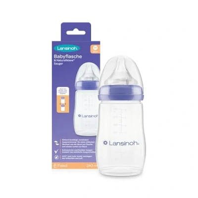 Abbildung von Lansinoh Babyflasche mit NaturalWave Sauger Gr. M, 240 ml neues kompaktes Design für verbesserte Stabilität stapelbarem Deckel