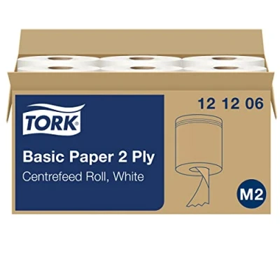Abbildung von Tork 121206 Standard Papierwischtücher weiß für M2 Wischtuch Spender mit Innenabrollung Wischtücher aus Papier 2 lagig &amp; geprägt 6 Rollen x 160 m, perforiert 457 Tücher (20 35 cm) pro Rolle