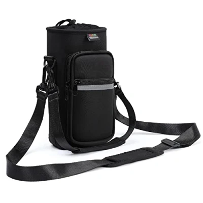 Abbildung von Nuovoware Flaschenhalter Trinkflasche Molle Beutel, Isolierte Neopren Kessel mit Verstellbar Schultergurt und Front Reißverschluss Tasche für Wandern Laufen Radfahren Jagd Reisen Kohlenschwarz