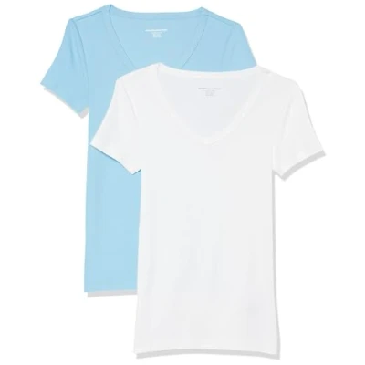 Abbildung von Amazon Essentials Damen Kurzärmeliges T Shirt mit V Ausschnitt, Schmale Passform, 2er Pack, Weiß/Hellblau, M