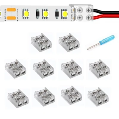 Abbildung von YUTOKEER LED Streifen zu Draht Verbinder 2 polig 10mm Lötfrei für 5050 3528 COB SMD Streifen, Transparentes Design, Inklusive Schraubendreher, 10er Pack