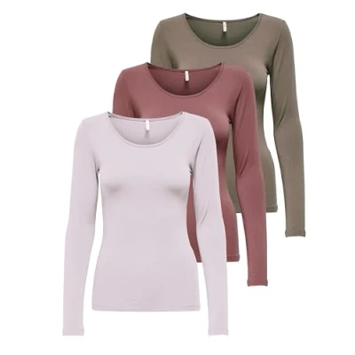 Abbildung von ONLY Damen Onllive Love LS O Neck TOP 3 Pack, Walnut/Rose Brown/Lavender Fog, XL