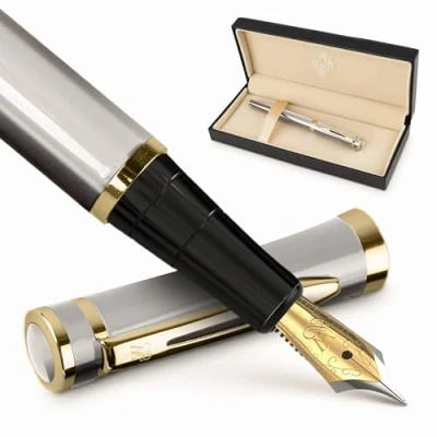 Abbildung von Wordsworth &amp; Black Füllfederhalter Set, mittlere Spitze, inklusive 6 Tintenpatronen und Kolbenkonverter, Geschenkbox, Kalligraphie, glattes Schreiben, Silber Gold