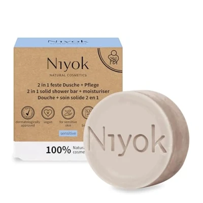 Abbildung von Niyok® 2 in 1 Feste Dusche + Pflege &quot;Sensitiv&quot; (80g) Milde Naturkosmetik Duschseife Festes Duschgel für empfindliche Haut Vegane Seife Körper &amp; Hände Plastikfrei Vegan