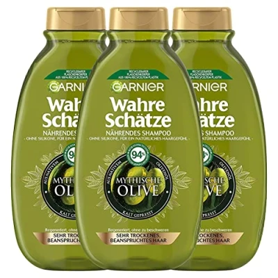 Abbildung von Garnier Wahre Schätze Nährendes Shampoo Mythische Olive; regeneriert ohne zu beschweren, 3 x 250 ml