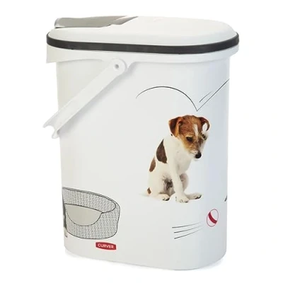 Abbildung von Curver Hundefutterbehälter 10L Luftdichte kompakte Futterbox für Trockenfutter Bis zu 4kg Kapazität, Leichte Entnahme Hunde oder andere Haustiere Weiß mit Hundemotiv