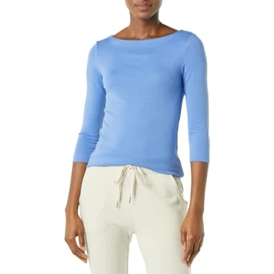 Abbildung von Amazon Essentials Damen T Shirt mit Bateau Ausschnitt und 3/4 Ärmeln in schmaler Passform, Blau, XXL
