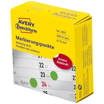 Abbildung von AVERY Zweckform 3851 selbstklebende Markierungspunkte 800 Stück (Ø10mm, Klebepunkte auf Rolle im Spender, Punktaufkleber zur Farbcodierung, runde Aufkleber für Kalender, Planer und zum Basteln) grün