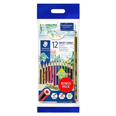 Abbildung von STAEDTLER Buntstifte Noris colour, rutschfeste Soft Oberfläche, hohe Bruchfestigkeit, Made form Upcycled Wood, Set mit 12 brillanten Farben, Bonuspack Radierer und Bleistift, 61 SET6