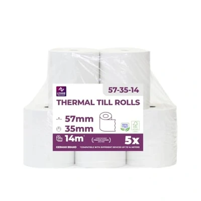 Abbildung von Ec Cash Thermorollen 57mm x 14m 12mm Kassenrollen Thermopapier Bonrollen für Bankomat Kredit Kartenlesegeräte (57x35x12) (5 Rollen)