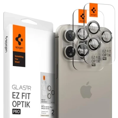 Abbildung von Spigen Glas.tR EZ Fit Optik Pro Kameraschutz kompatibel mit iPhone 15 Pro, Max, 2 Stück, Titan Natur, Individuelle Kameraprotektion, Anti Kratzer