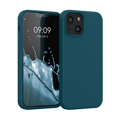 Abbildung von kwmobile Hülle kompatibel mit Apple iPhone 13 Mini Silikon Handy Case Handyhülle weiche Oberfläche kabelloses Laden Petrol matt