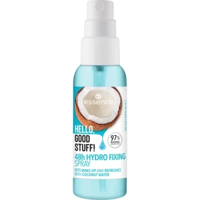 Abbildung von essence HELLO, GOOD STUFF! 48h HYDRO FIXING SPRAY, Transparent, feuchtigkeitsspendend, fixierend, erfrischend, natürlich, strahlend frisch, vegan, ölfrei, ohne Alkohol, Parabene, 1er Pack (50ml)