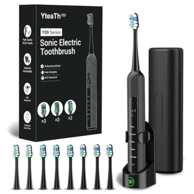 Abbildung von Elektrische Zahnbürste, Schallzahnbürste für Erwachsene und Kinder, Electric Toothbrush mit 5 Putzmodi 3 Intensitätsstufen Integrierter Timer 8 Zahnbürstenköpfen, Reiseetui, Schwarz