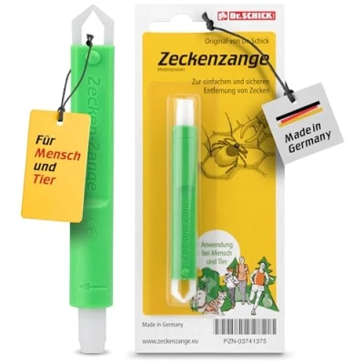 Abbildung von Dr. Schick Zeckenzange für Mensch und Tier Zeckengreifer mit smartem Druckknopf zuverlässiger Zeckenschutz zur einfachen sicheren Entfernung von Zecken