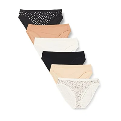 Abbildung von Amazon Essentials Damen Slip aus Baumwolle mit hohem Beinschnitt (in Übergröße erhältlich), 6er Pack, Floral/Mehrfarbig/Punkte, 42