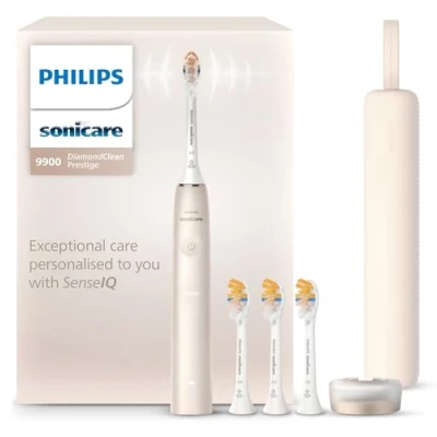 Abbildung von Philips Sonicare DiamondClean 9900 Prestige elektrische Zahnbürste, mit SenseIQ Technologie und App, 5 Putzmodi, 3 Intensitätsstufen, Reiseladeetui, champagner, Modell HX9992/44