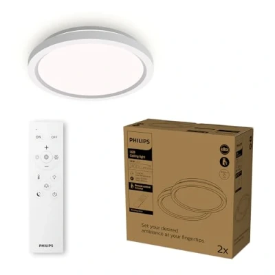 Abbildung von Philips LED Deckenleuchte mit Fernbedienung, rund, 30 cm, dimmbar, Tunable White, Wohnzimmer, Schlafzimmer, kein Flimmern oder Blenden, modernes Design, weiß, 2er Pack
