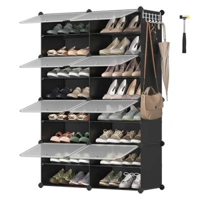 Abbildung von SONGMICS Schuhregal mit 8 Fächern, Schuhschrank, 30 x 40 cm pro Fach, schmal, Türen, Stahlrahmen, Kunststoff, für Flur, Schlafzimmer, Eingangsbereich, schwarz LPC034B01