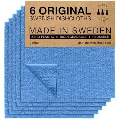 Abbildung von SUPERSCANDI Schweden Geschirrtücher, umweltfreundlich, wiederverwendbar, nachhaltig, biologisch abbaubar, Zellstoff Schwamm, Ersatz Reinigungstücher 6er Pack Blau