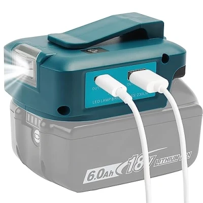 Abbildung von QUPERR Adp05 Power Source Battery Adapter Arbeitslichtkonverter für Makita 14,4 V &amp; 18 Akku mit einem Paar USB Telefon Ladegerät Schnittstelle, schnurloser DC Port Taschenlampe (Nur Adapter)